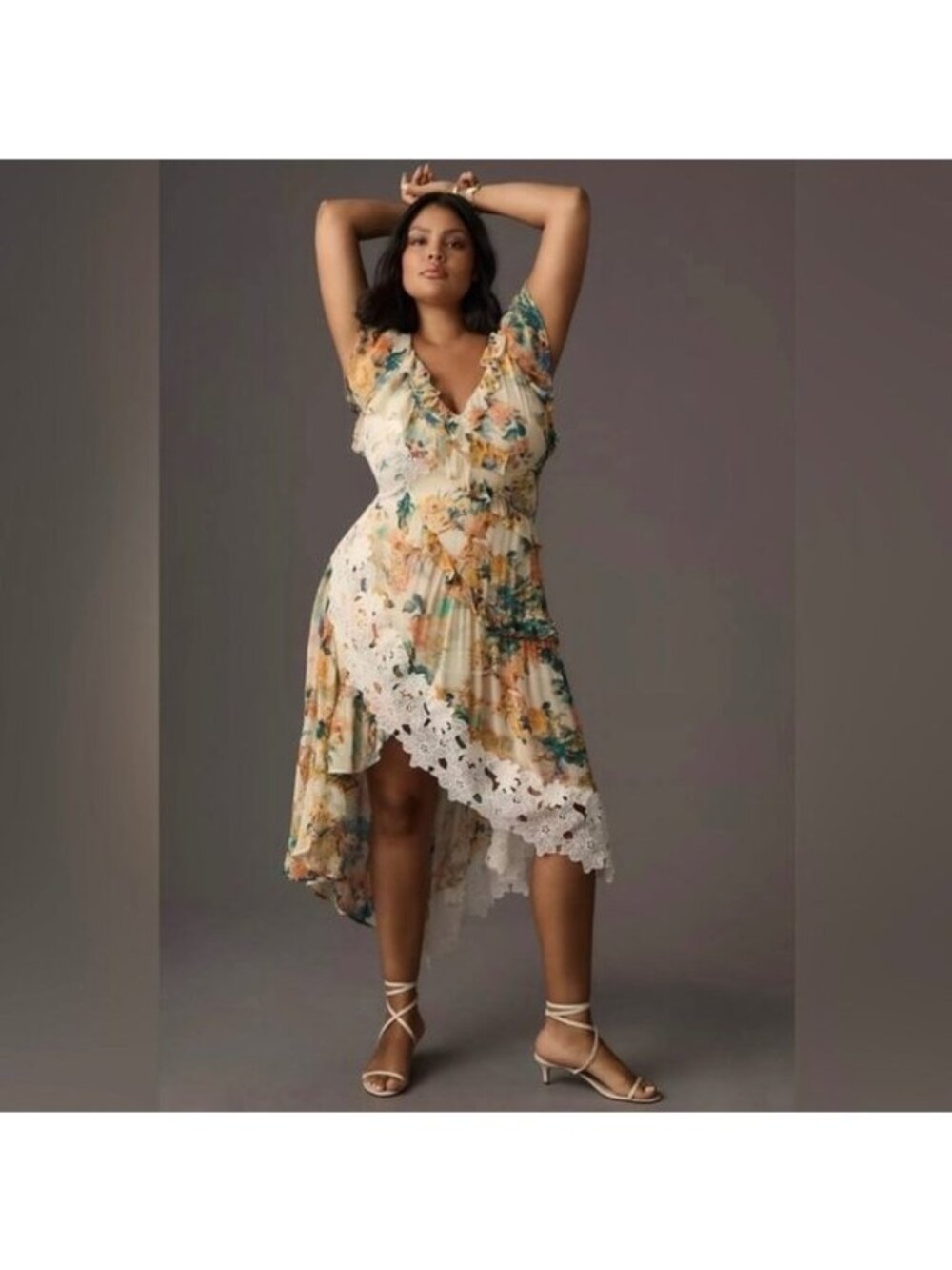 Anthropologie V-Neck Ruffle Floral Lace Slip Dress Size 2